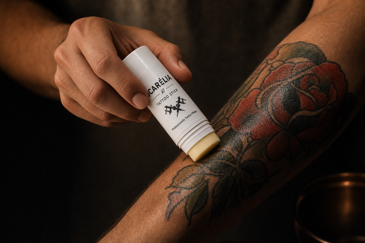 SCARÉLIA Tattoo Stick beim Auftragen auf ein frisches Tattoo – Produktnahaufnahme