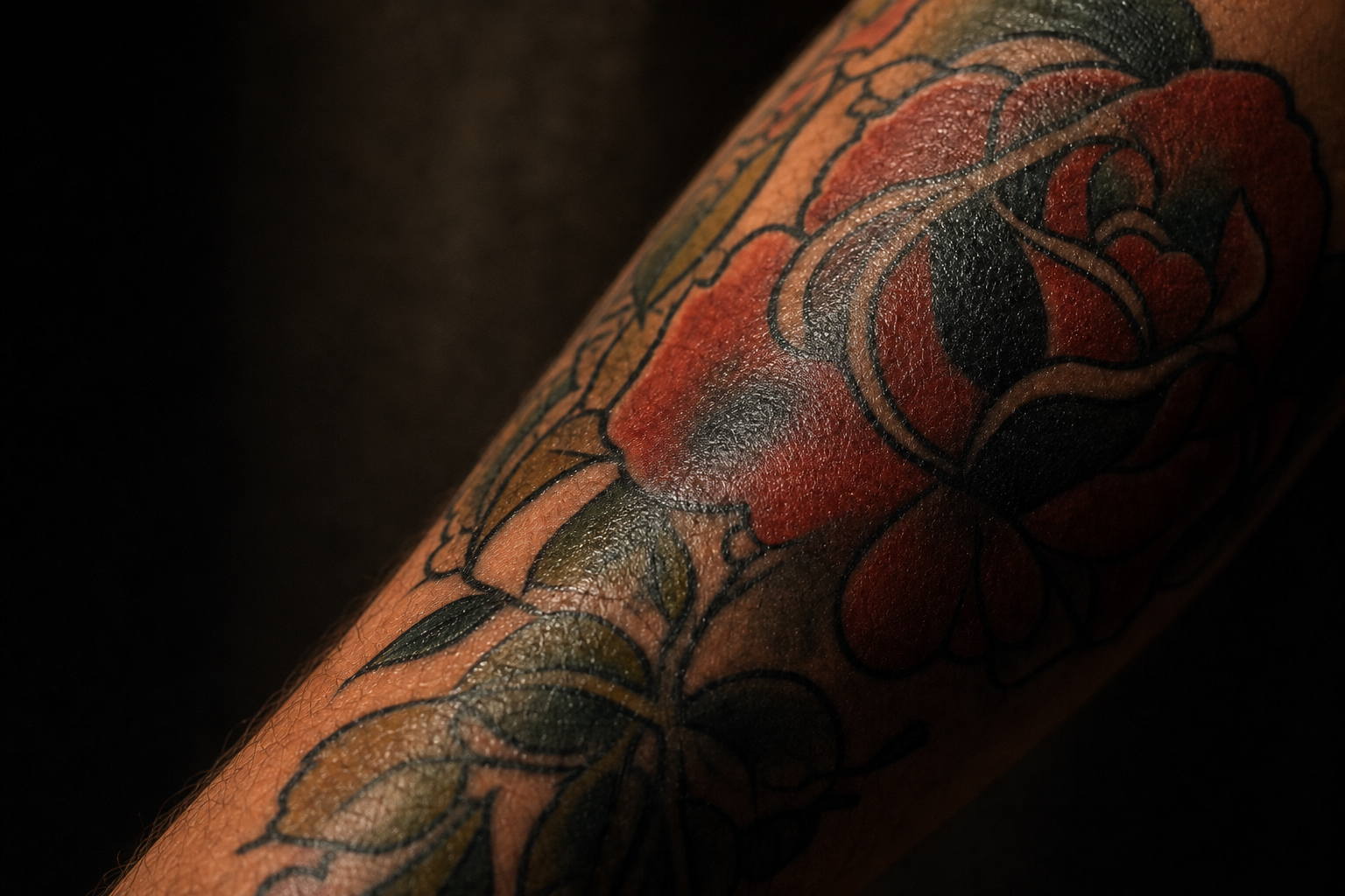 Detailaufnahme eines farbintensiven Tattoos mit satten Farben und perfekter Heilung