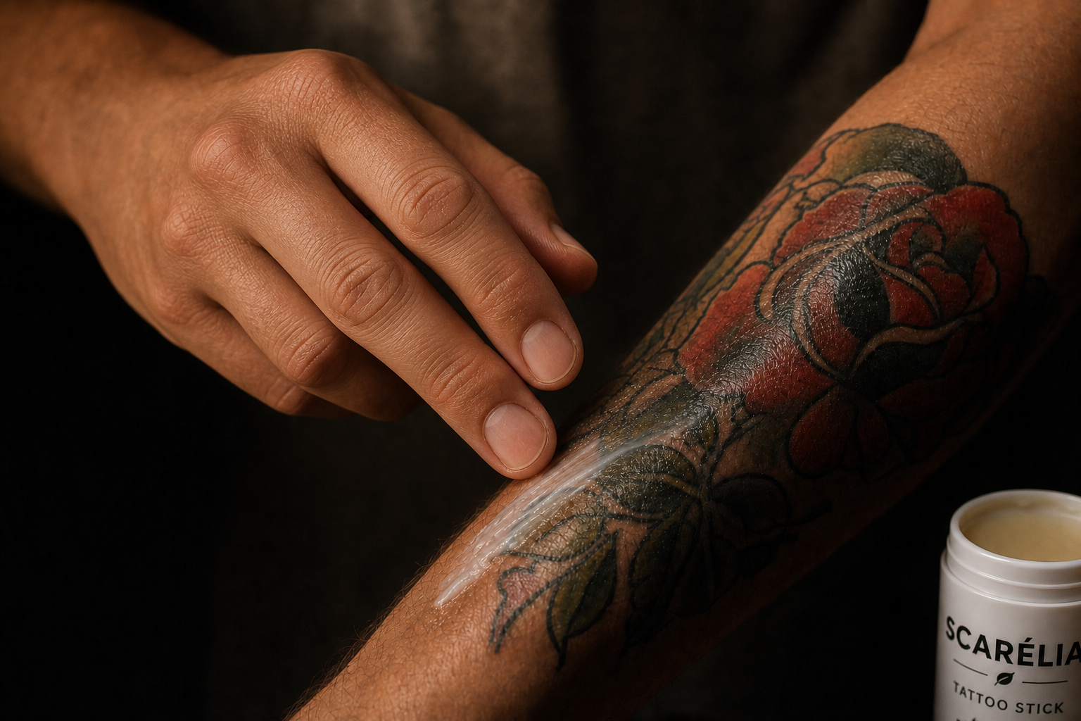 Feuchtigkeitspflege auf Tattoohaut – SCARÉLIA Aftercare wird sanft verteilt