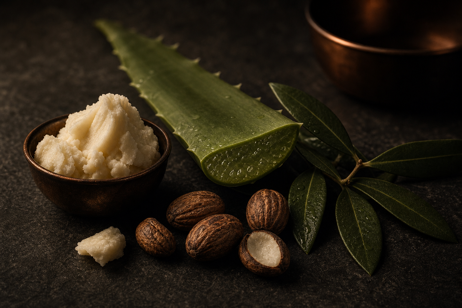 Natürliche Inhaltsstoffe wie Aloe Vera und Sheabutter in eleganter Produktaufnahme