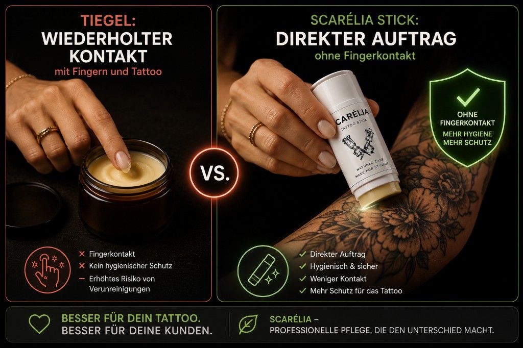 Vergleich zwischen Tiegel-Anwendung mit Fingerkontakt und direktem Auftrag mit dem SCARÉLIA Stick
