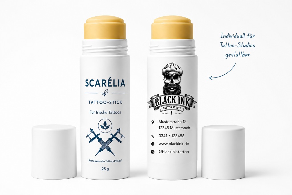 SCARÉLIA Tattoo-Sticks – Standard-Branding und individuelle Studio-Gestaltung
